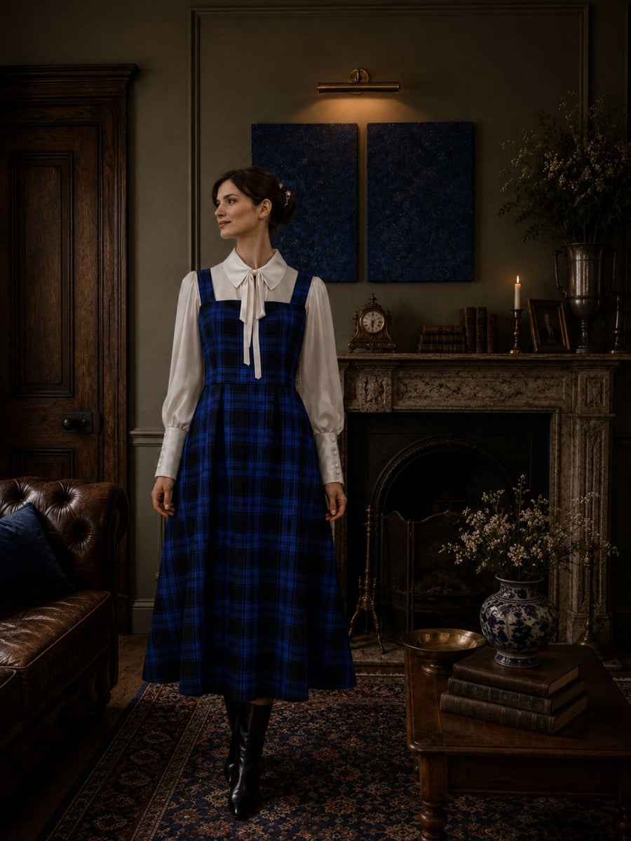 blue plaid pinafore dress Blue Plaid Pinafore Jumper / Handmade 1930s Design/ Size Medium