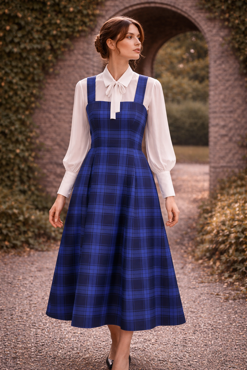 Stella Blue Tartan Pinafore Midi Dress  Royal & Dark Blu  numbat.uk