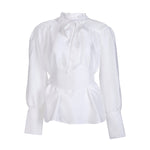 Agnes Vintage-Inspired in Cotton Satin Blouse with Bow collar in White