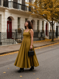 Sybil Cotton Midi Pinafore Dress in Olive