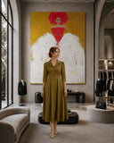 Constance Cotton Coat Collar Midi Dress – Olive