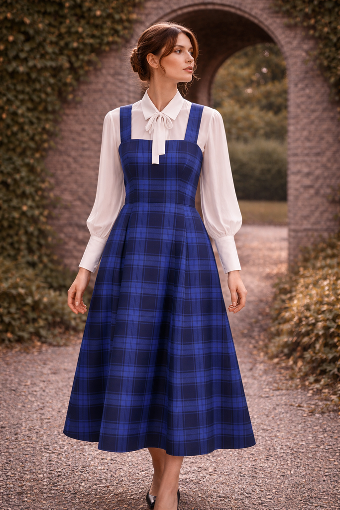 Stella Blue Tartan Pinafore Midi Dress Royal & Dark Blu numbat.uk Stella Blue Tartan Pinafore Midi Dress Royal & Dark Blu numbat.uk