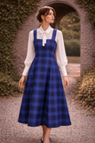 Stella Blue Tartan Pinafore Midi Dress – Royal & Dark Bluе