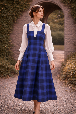 green velvet floor length dress Stella Blue Tartan Pinafore Midi Dress – Royal & Dark Bluе – numbat.uk