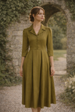 Constance Cotton Coat Collar Midi Dress – Olive