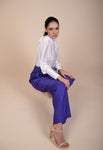 Agatha Fitted, High- waist, Wide -Legs Trousers in vivid ultra violet ribbed woven fabric