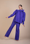 Evelyn Vintage-Inspired Bow blouse in vivid ultra violet ribbed woven fabric