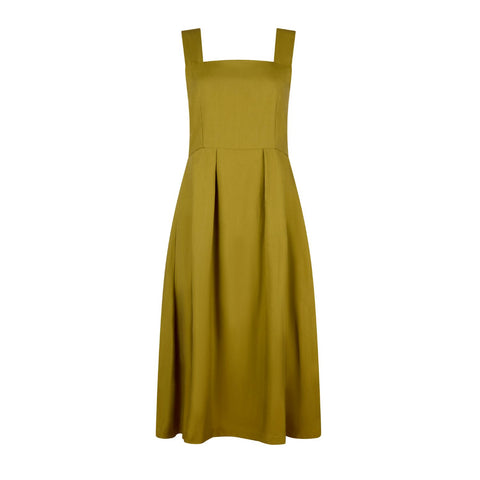 Sybil Cotton Midi Pinafore Dress in Olive